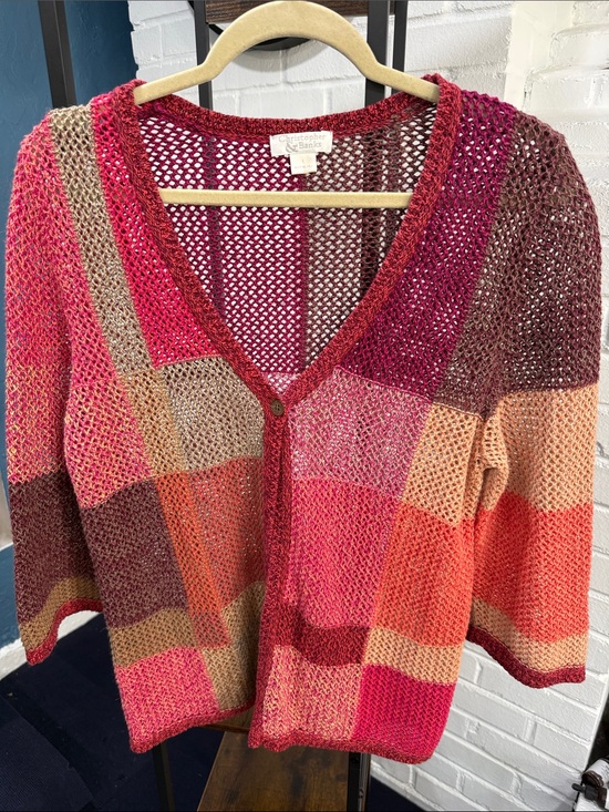 Christopher & Banks Sweaters - Christopher & Banks Multicolor Patchwork V-Neck Open-Knit Cardigan
